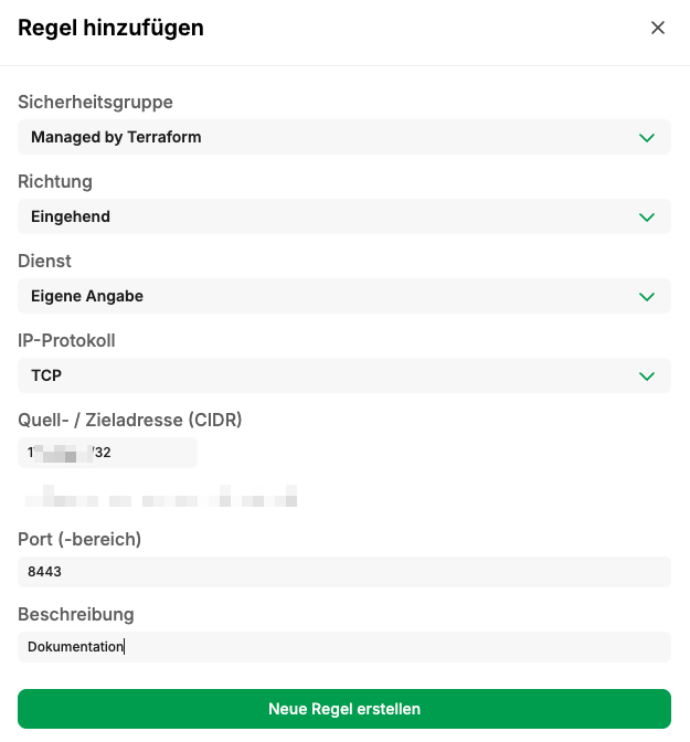 Adding a new security rule with details like protocol, port, and description.